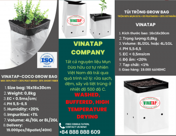 Túi trồng cây 1GL (3,8 lít). Nguyên liệu Coco peat 100% hữu cơ tự nhiên đã xử lý kỹ, đệm, xử lý nhiệt diệt khuẩn. Phối trộn Nguyên liệu theo yêu cầu của khách hàng.