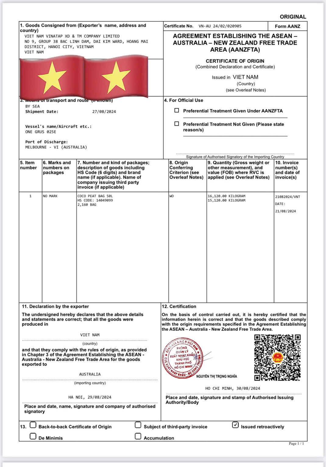 VinaTap Certificate of Origin CO Form D for Preferential Import Tariffs