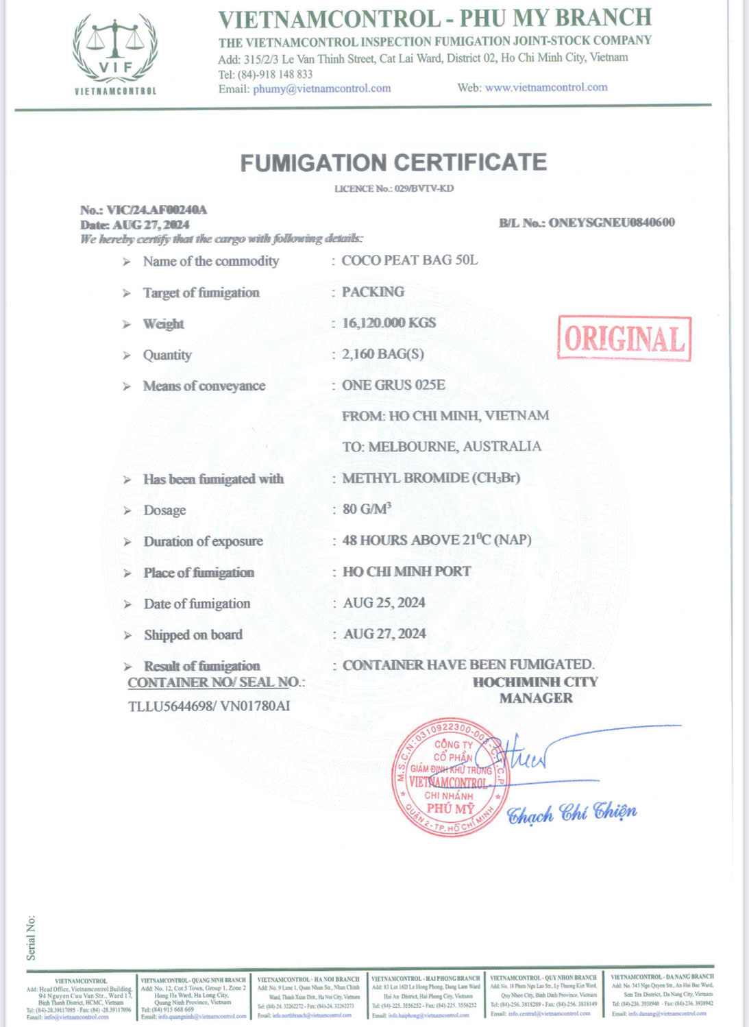 VinaTap Container Fumigation Certificate for Pest Free Agricultural Export