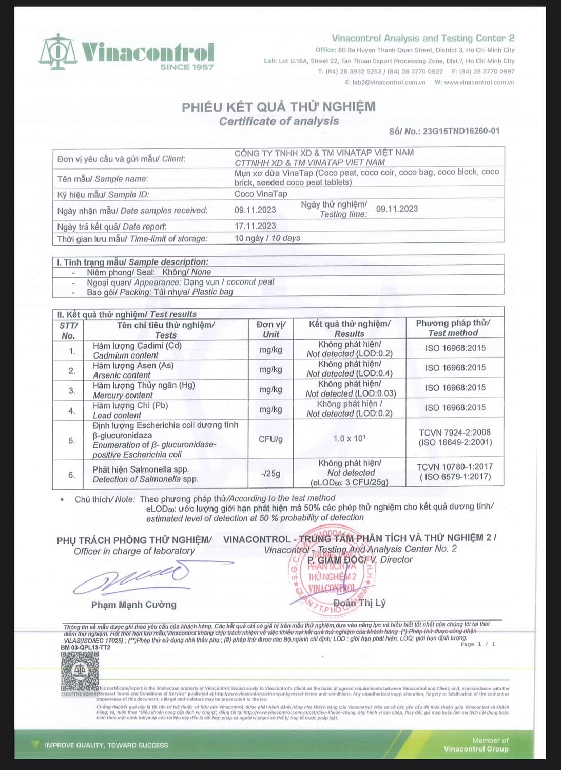 SGS Test Report VinaTap Cocopeat