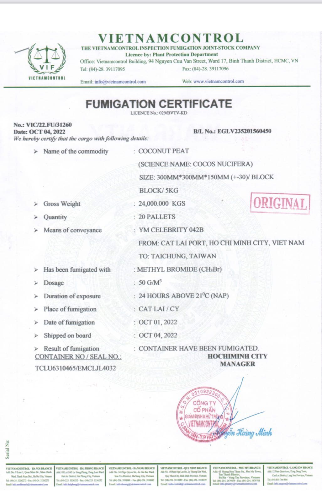 VinaTap Container Fumigation Certificate for Pest Free Agricultural Export