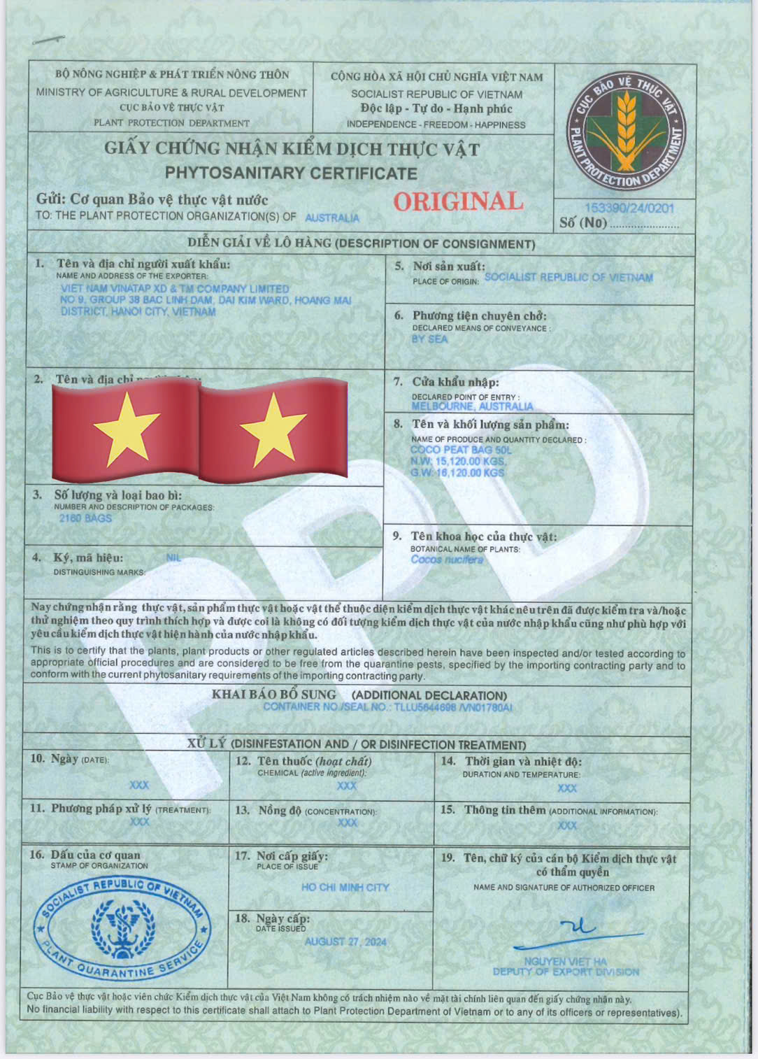 VinaTap Phytosanitary Inspection Certificate for Agricultural Export Clearance