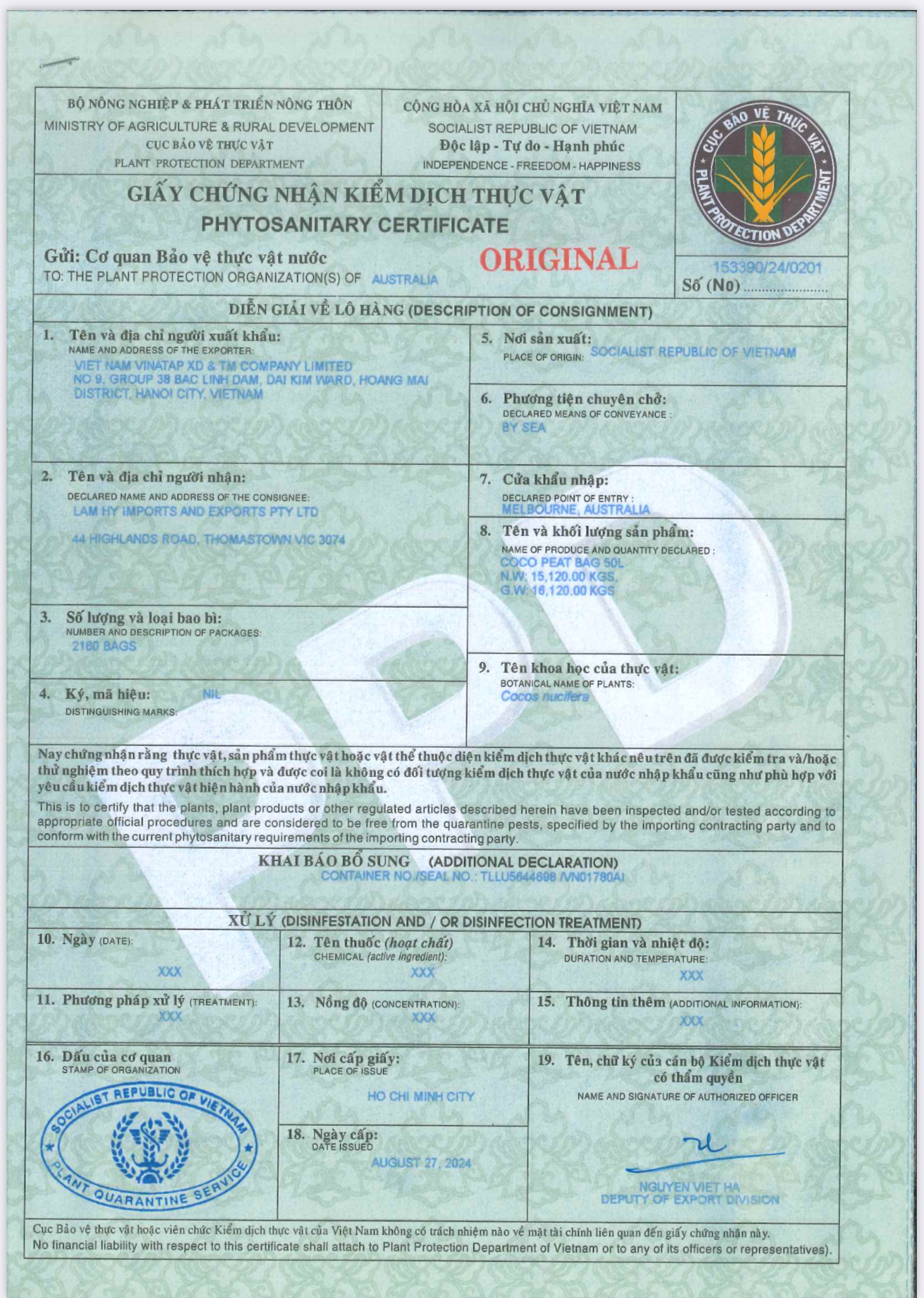 VinaTap Phytosanitary Inspection Certificate for Agricultural Export Clearance