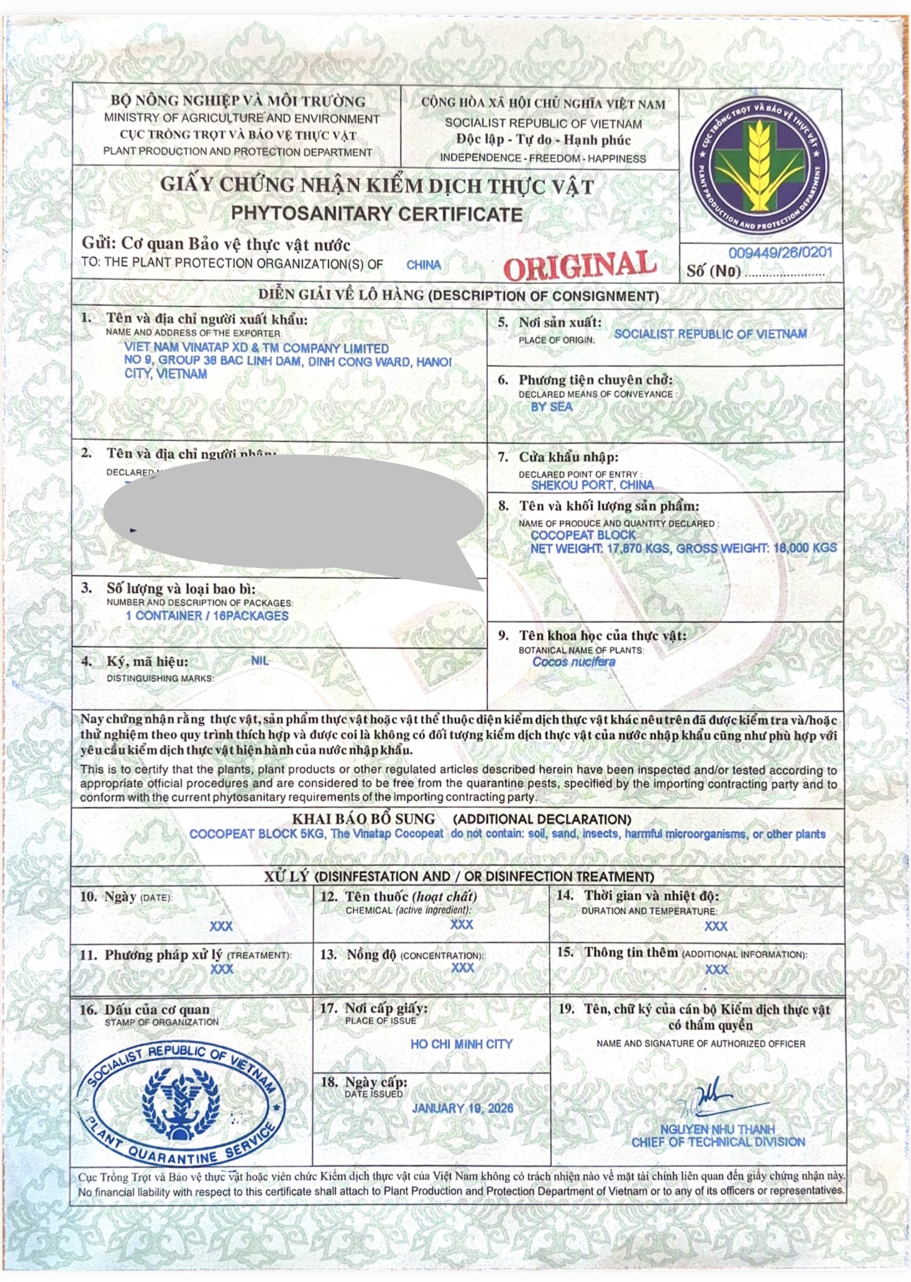 VinaTap Phytosanitary Inspection Certificate for Agricultural Export Clearance