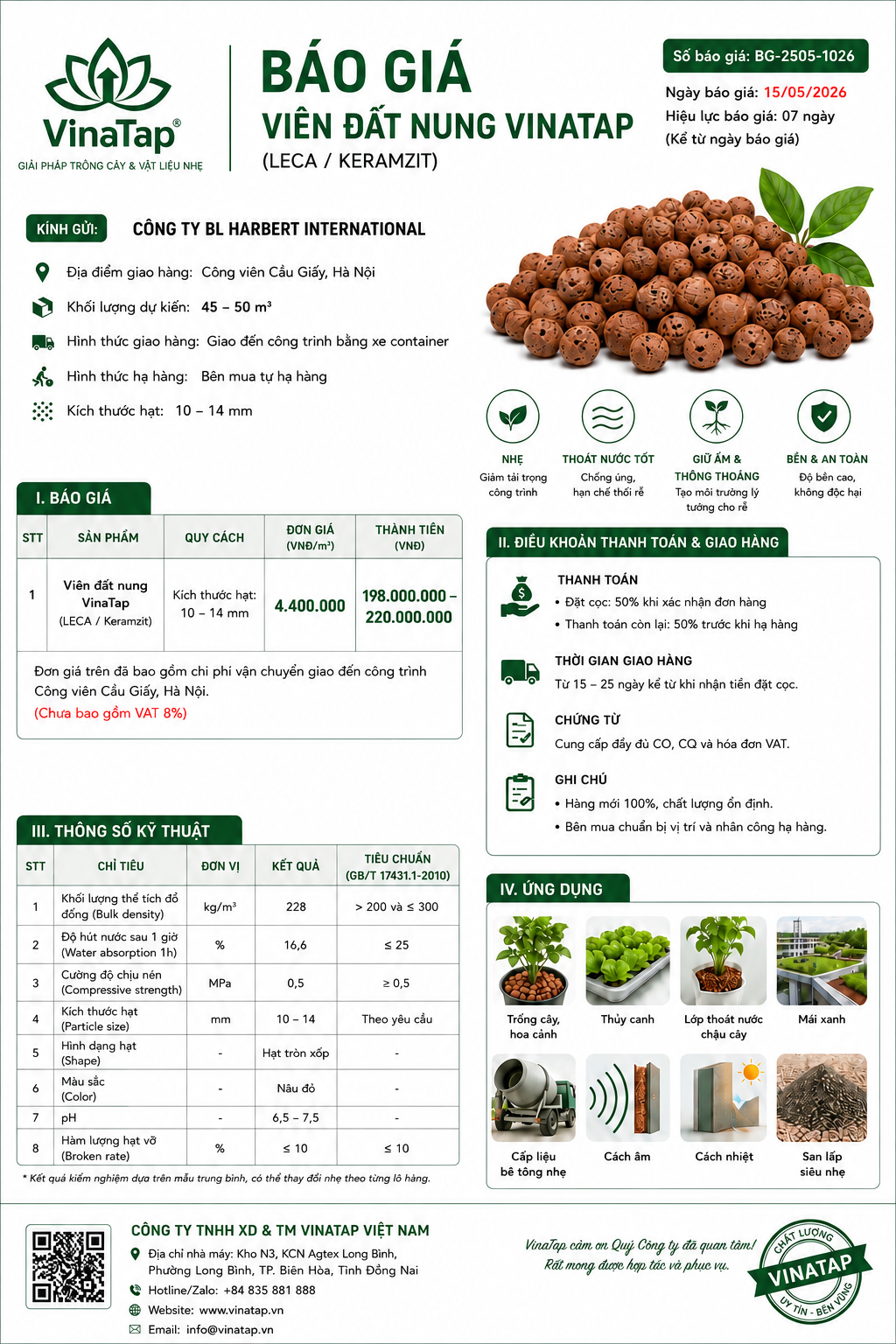 Sỏi nhẹ Keramzit VinaTap giá thể trồng cây và vật liệu bê tông nhẹ cao cấp