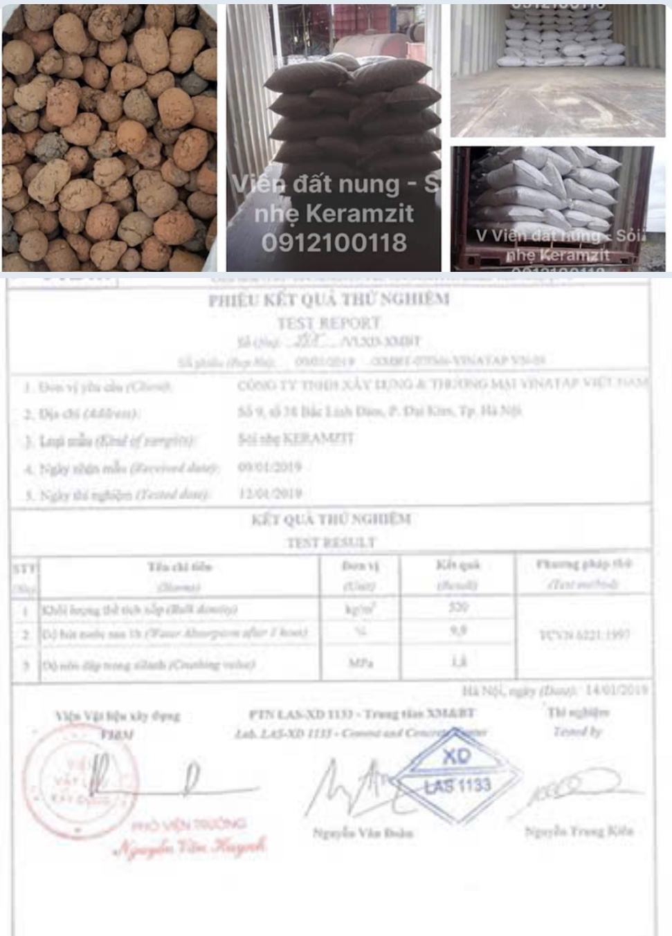 Bảng cấp phối chuẩn bê tông nhẹ Keramzit mác M250 M300 VinaTap