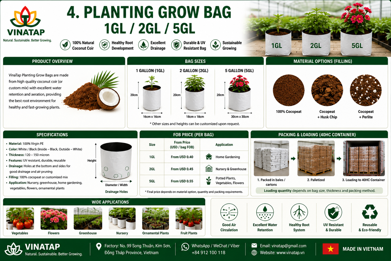 1GL 2GL 5GL Planting Grow Bags by VinaTap Factory Vietnam