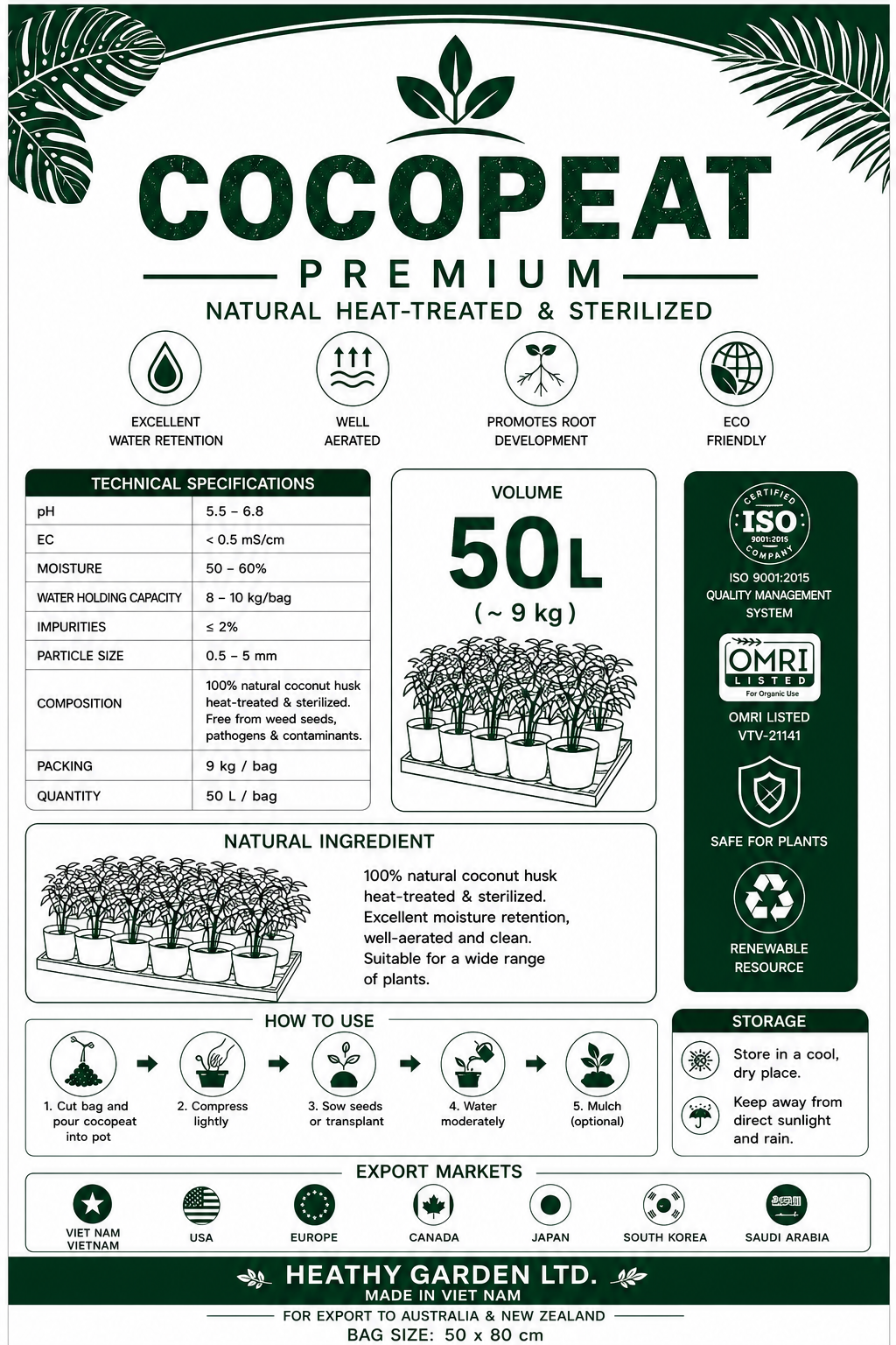 Loose Ready to Use Cocopeat Bags 50L 100L and Jumbo Bags by VinaTap Factory